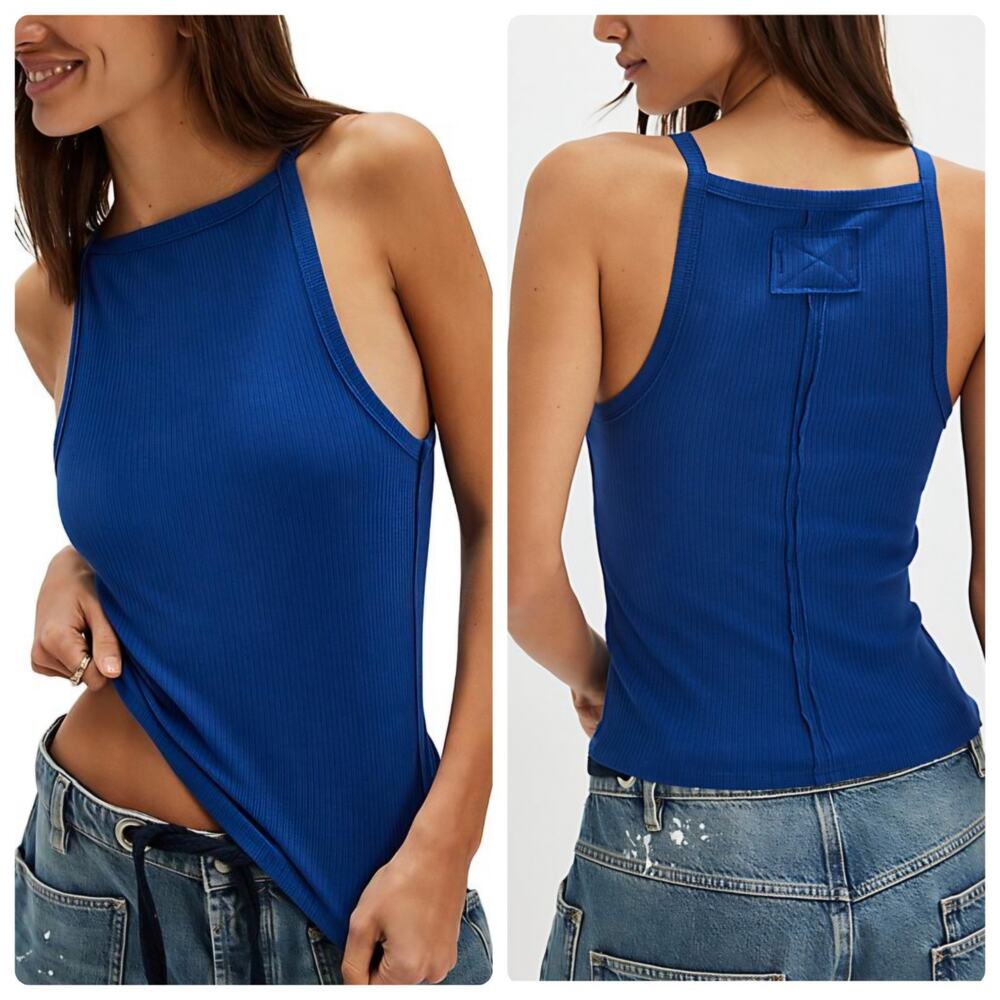 We The Free Ribbed Knit Tank Top Square Neck Blue Size L Free People